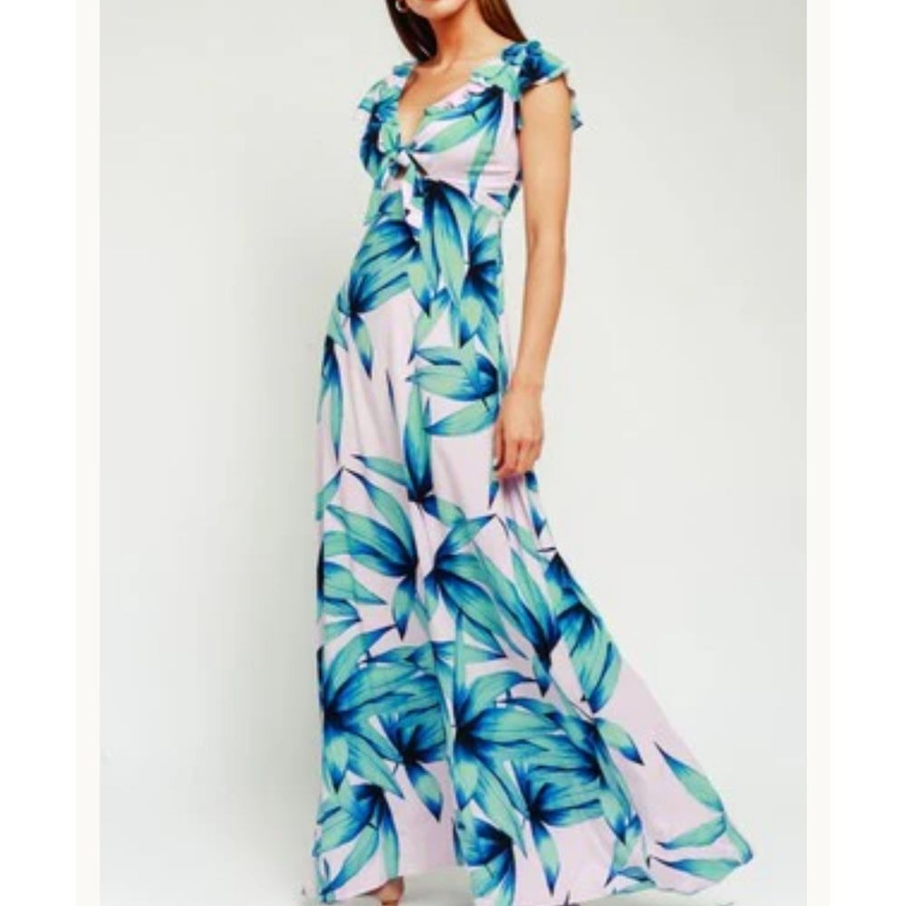 Vici maxi floral pink‎ and blue flowy maxi dress tropical flutter sleeves size s